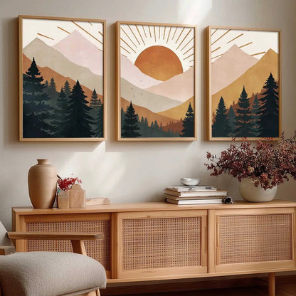 Boho Mountain View Framed Painting | Big Aesthetic Nature Inspired Framed Paintings for Living Room Bedroom Wall Decor