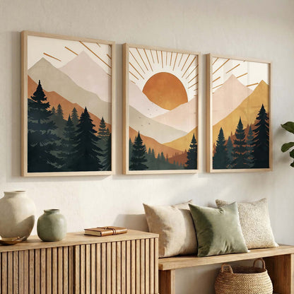 Boho Mountain View Framed Painting | Big Aesthetic Nature Inspired Framed Paintings for Living Room Bedroom Wall Decor