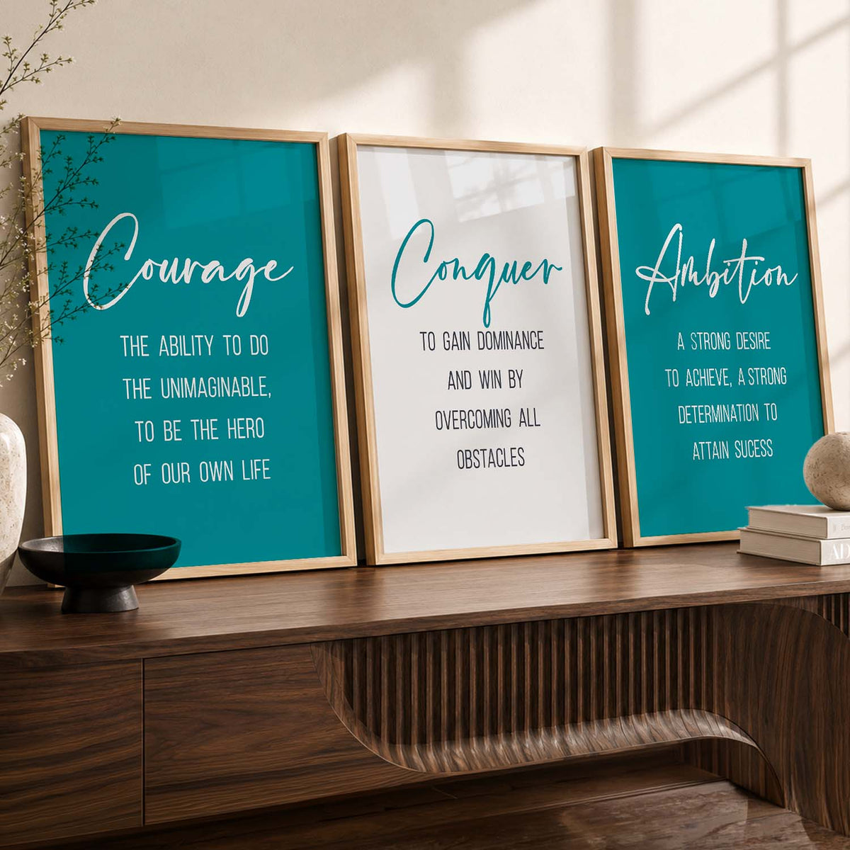 Traditional Motivational Quotes Wall Art Set of 3 Framed Prints for Bedroom