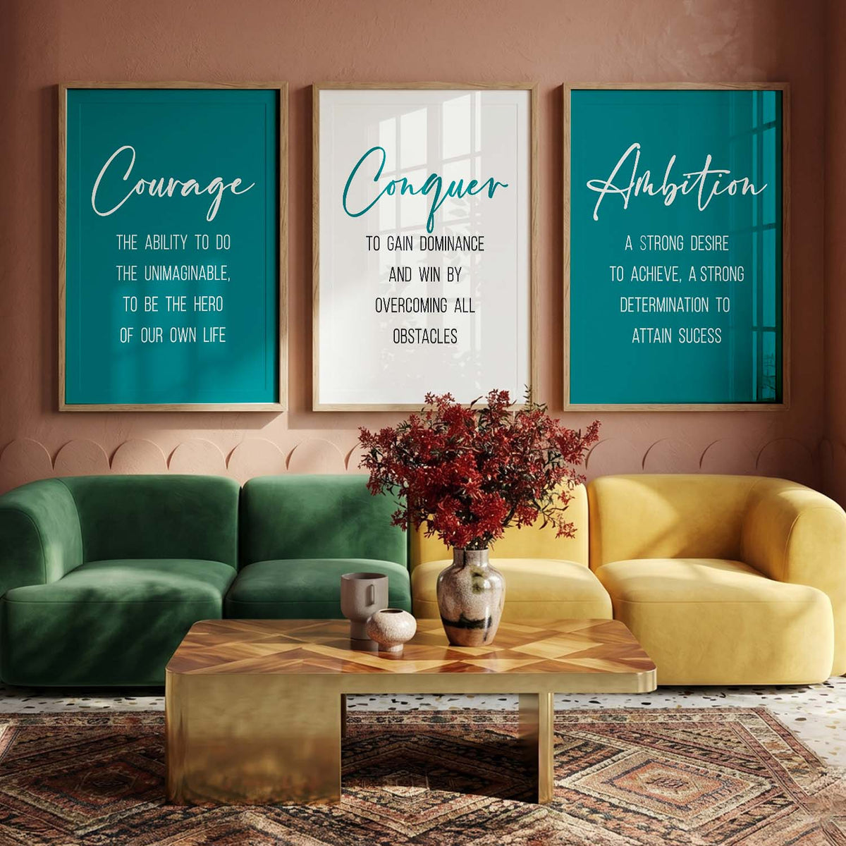 Traditional Motivational Quotes Wall Art Set of 3 Framed Prints for Bedroom