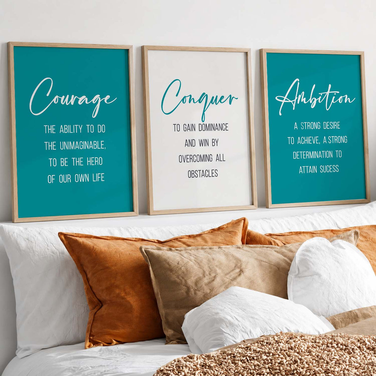 Traditional Motivational Quotes Wall Art Set of 3 Framed Prints for Bedroom