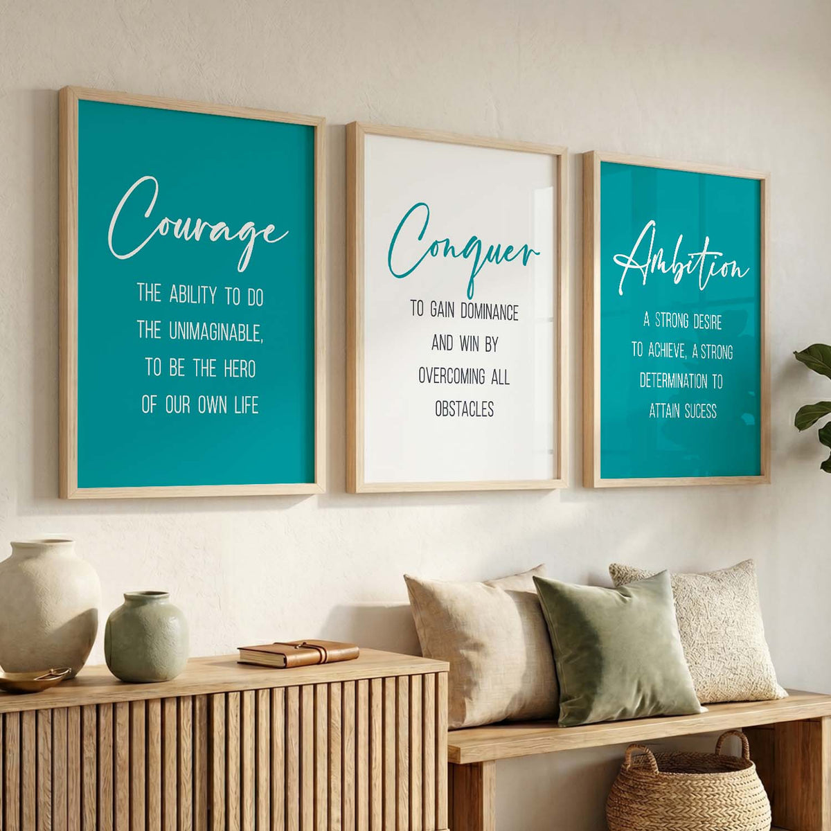 Traditional Motivational Quotes Wall Art Set of 3 Framed Prints for Bedroom