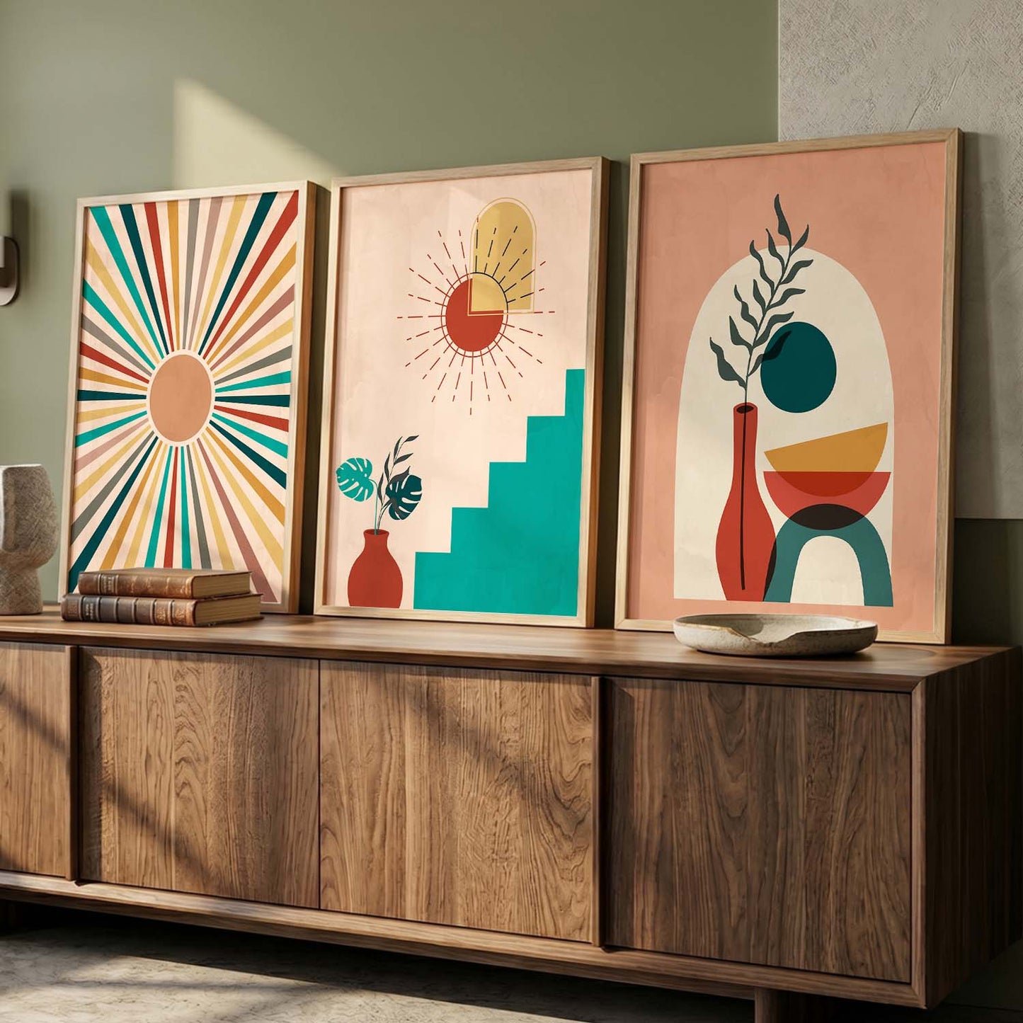 Sunburst Boho Wall Art Set of 3 Framed Prints