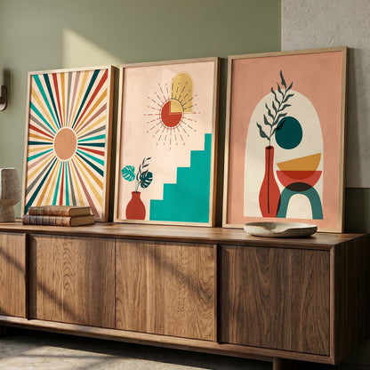 Sunburst Boho Wall Art Set of 3 Framed Prints