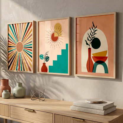 Sunburst Boho Wall Art Set of 3 Framed Prints