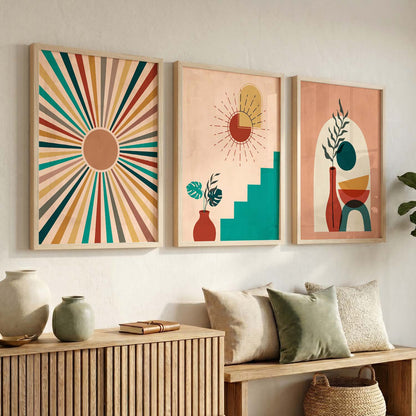 Sunburst Boho Wall Art Set of 3 Framed Prints