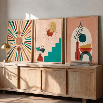 Sunburst Boho Wall Art Set of 3 Framed Prints