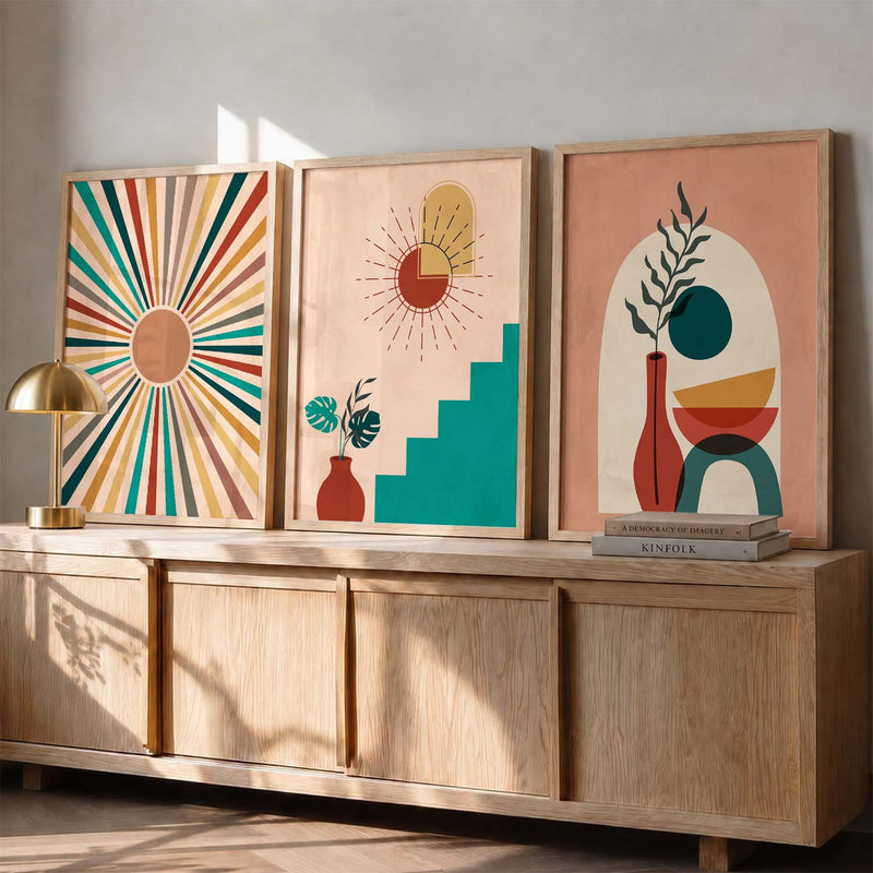 Sunburst Boho Wall Art Set of 3 Framed Prints