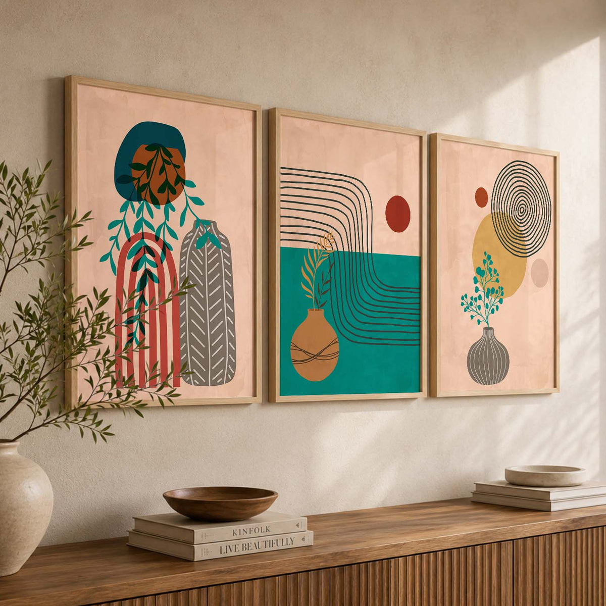 Line Art Boho Modern Wall Art Set of 3 Framed Prints