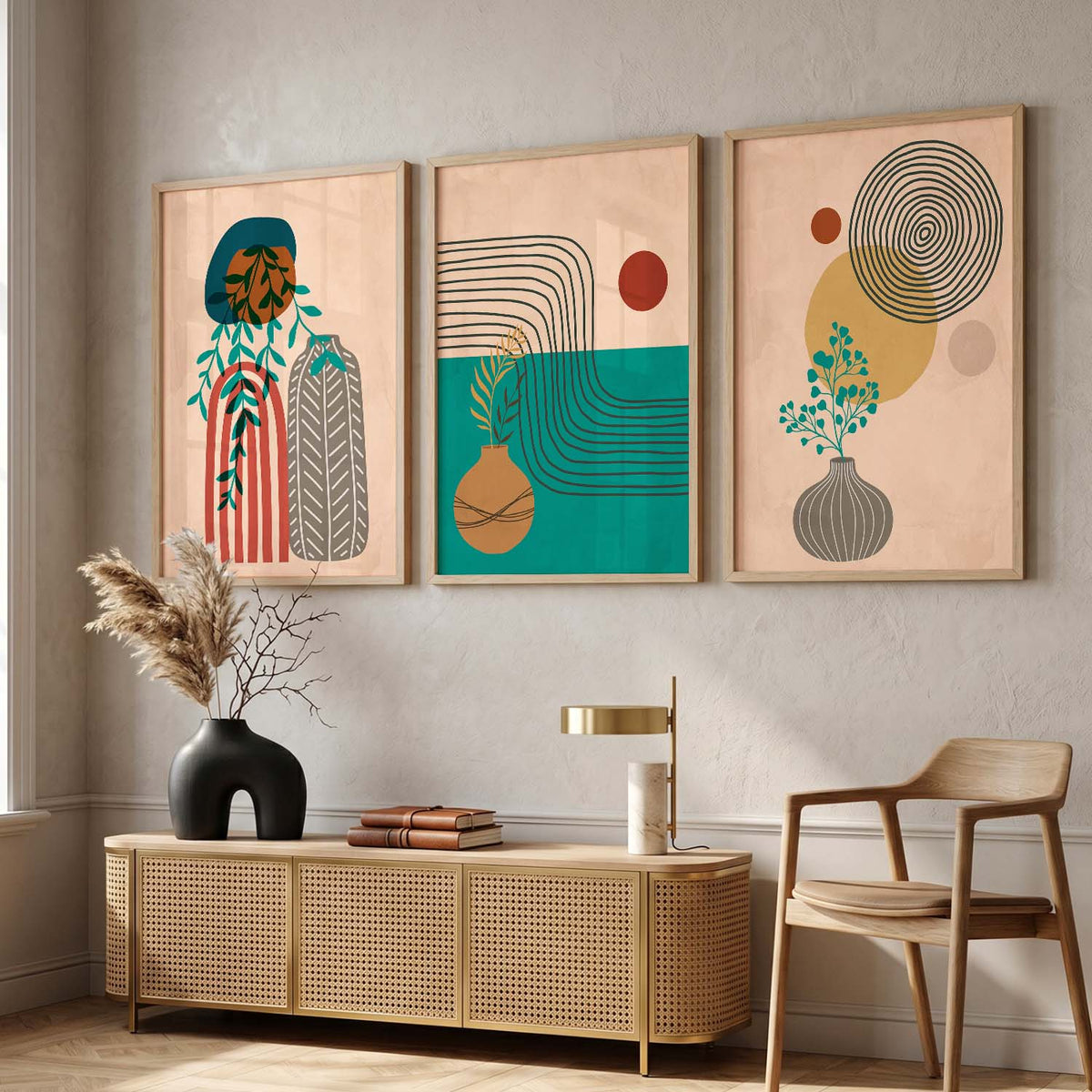Line Art Boho Modern Wall Art Set of 3 Framed Prints