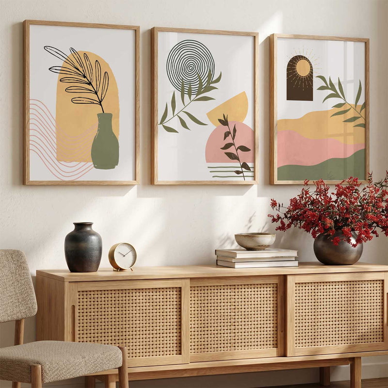 Earthy Abstract Shape Boho Soft Wall Art Set of 3 Framed Prints