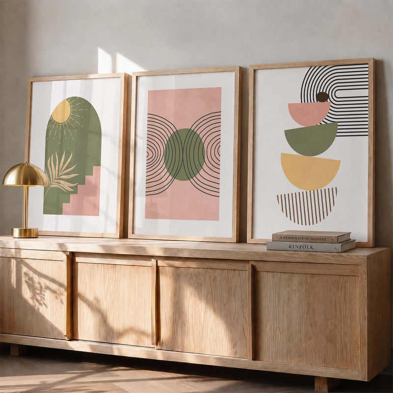 Earthy Sun Motif Boho Wall Art Set of 3 Framed Prints
