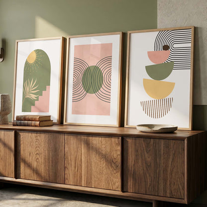 Earthy Sun Motif Boho Wall Art Set of 3 Framed Prints