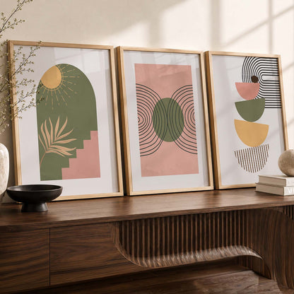 Earthy Sun Motif Boho Wall Art Set of 3 Framed Prints