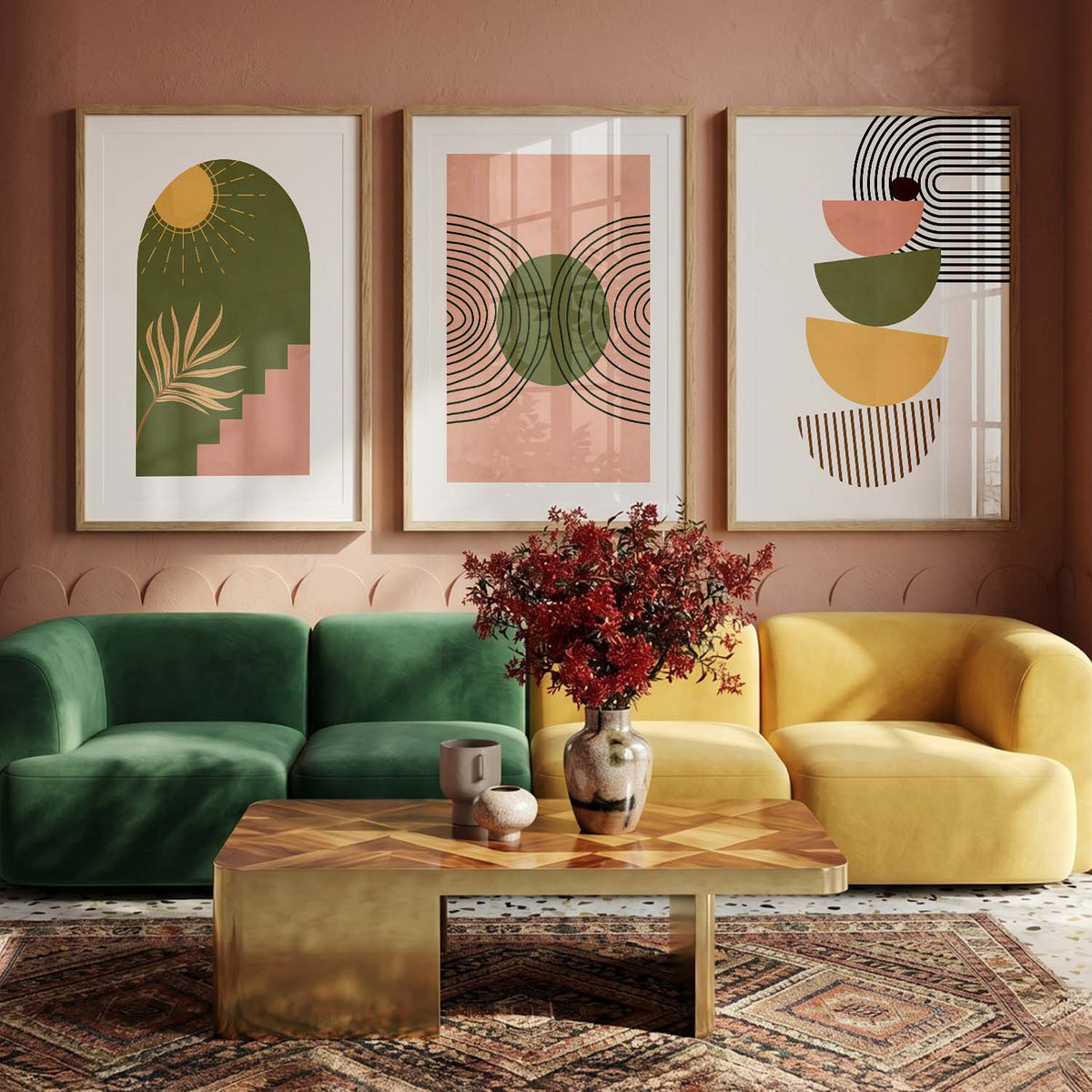 Earthy Sun Motif Boho Wall Art Set of 3 Framed Prints