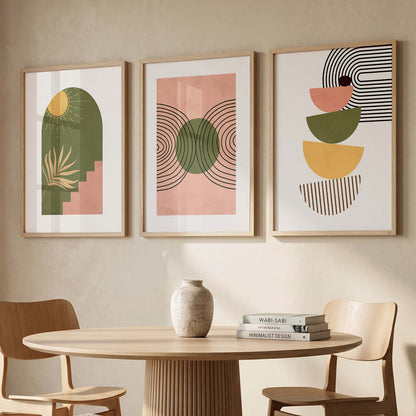 Earthy Sun Motif Boho Wall Art Set of 3 Framed Prints