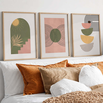 Earthy Sun Motif Boho Wall Art Set of 3 Framed Prints