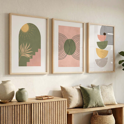 Earthy Sun Motif Boho Wall Art Set of 3 Framed Prints