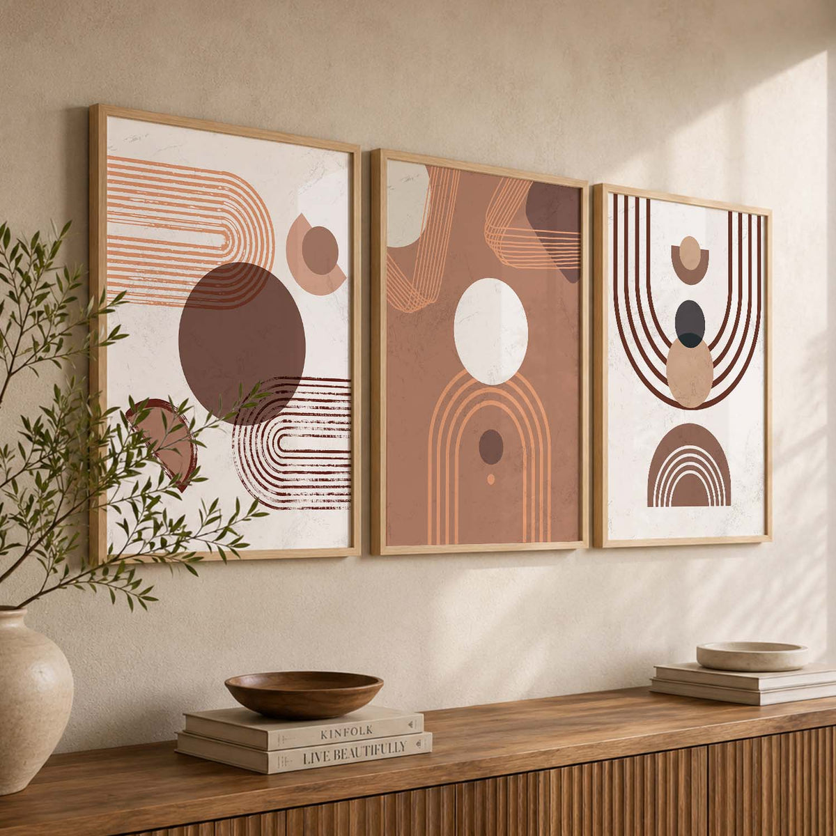 Earthy Geometric Abstract Boho Modern Wall Art Set of 3 Framed Prints