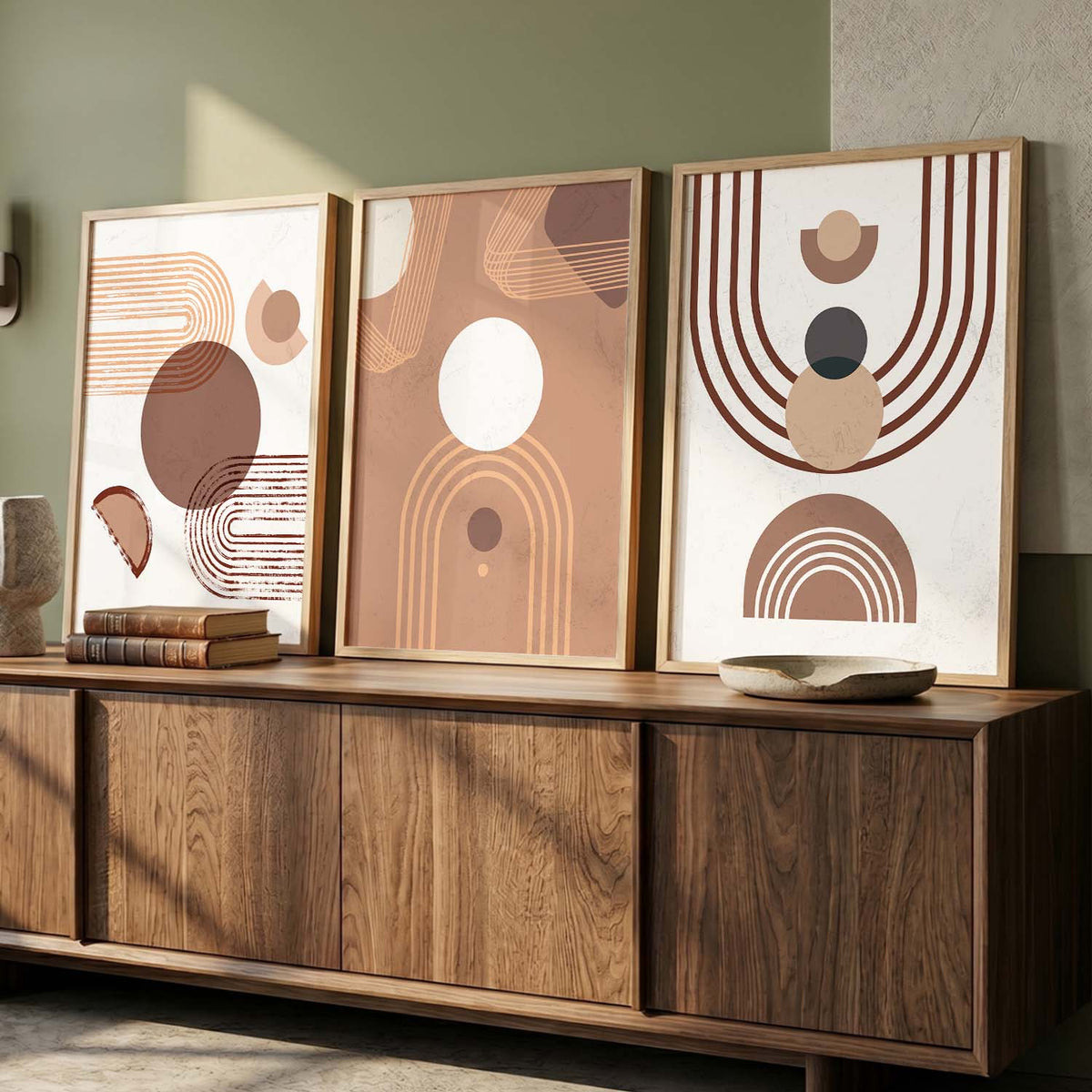 Earthy Geometric Abstract Boho Modern Wall Art Set of 3 Framed Prints