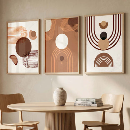 Earthy Geometric Abstract Boho Modern Wall Art Set of 3 Framed Prints