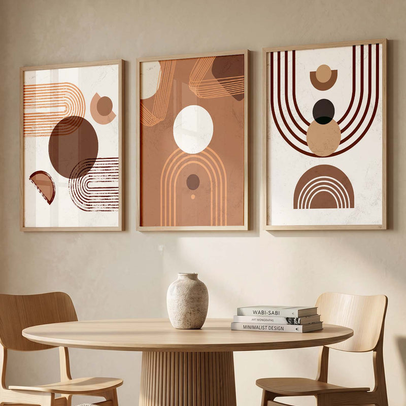 Earthy Geometric Abstract Boho Modern Wall Art Set of 3 Framed Prints