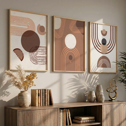 Earthy Geometric Abstract Boho Modern Wall Art Set of 3 Framed Prints