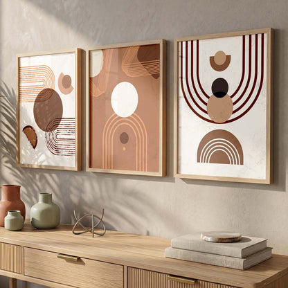 Earthy Geometric Abstract Boho Modern Wall Art Set of 3 Framed Prints