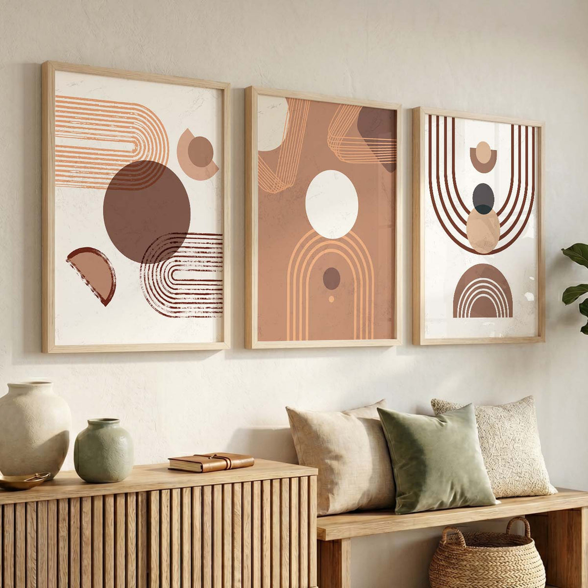 Earthy Geometric Abstract Boho Modern Wall Art Set of 3 Framed Prints
