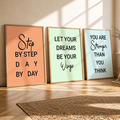 Motivational Quotes Wall Art Set of 3 Framed Prints for Hallway