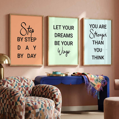 Motivational Quotes Wall Art Set of 3 Framed Prints for Hallway