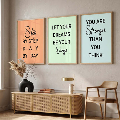 Motivational Quotes Wall Art Set of 3 Framed Prints for Hallway