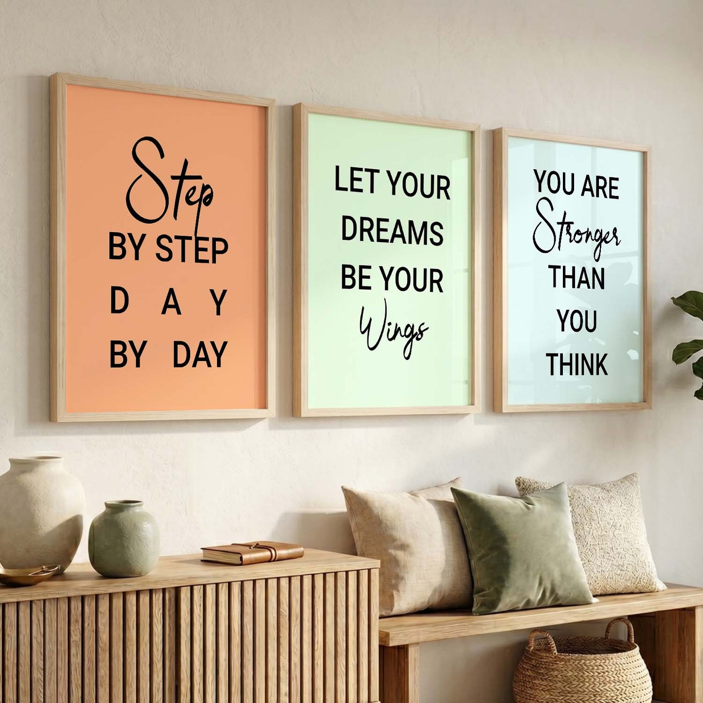 Motivational Quotes Wall Art Set of 3 Framed Prints for Hallway