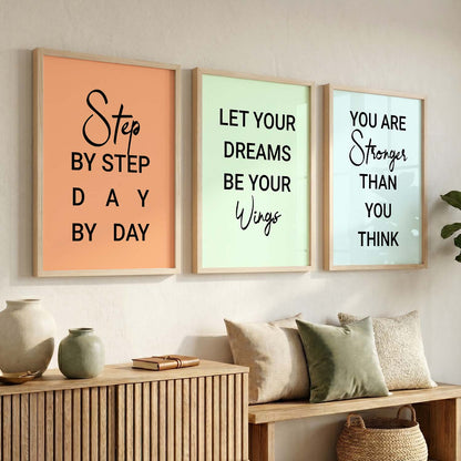 Motivational Quotes Wall Art Set of 3 Framed Prints for Hallway