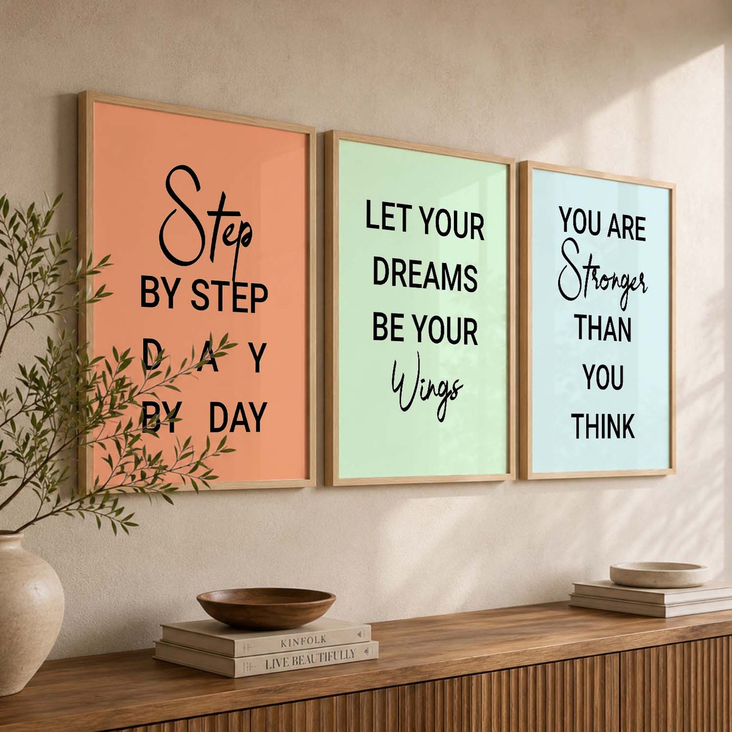Motivational Quotes Wall Art Set of 3 Framed Prints for Hallway