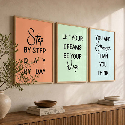 Motivational Quotes Wall Art Set of 3 Framed Prints for Hallway