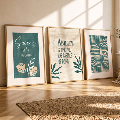 Modern Typography Motivational Quotes Wall Art Set of 3 Framed Prints for Dining Room