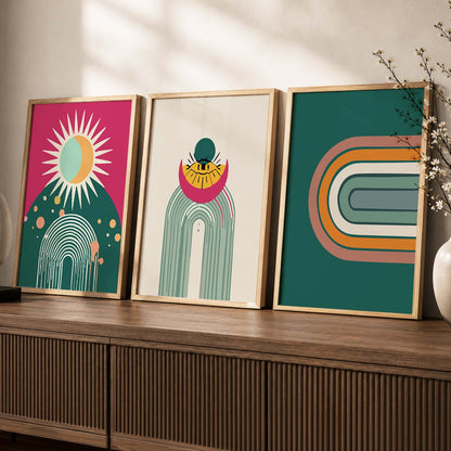 Sunburst Boho Bold Wall Art Set of 3 Framed Prints