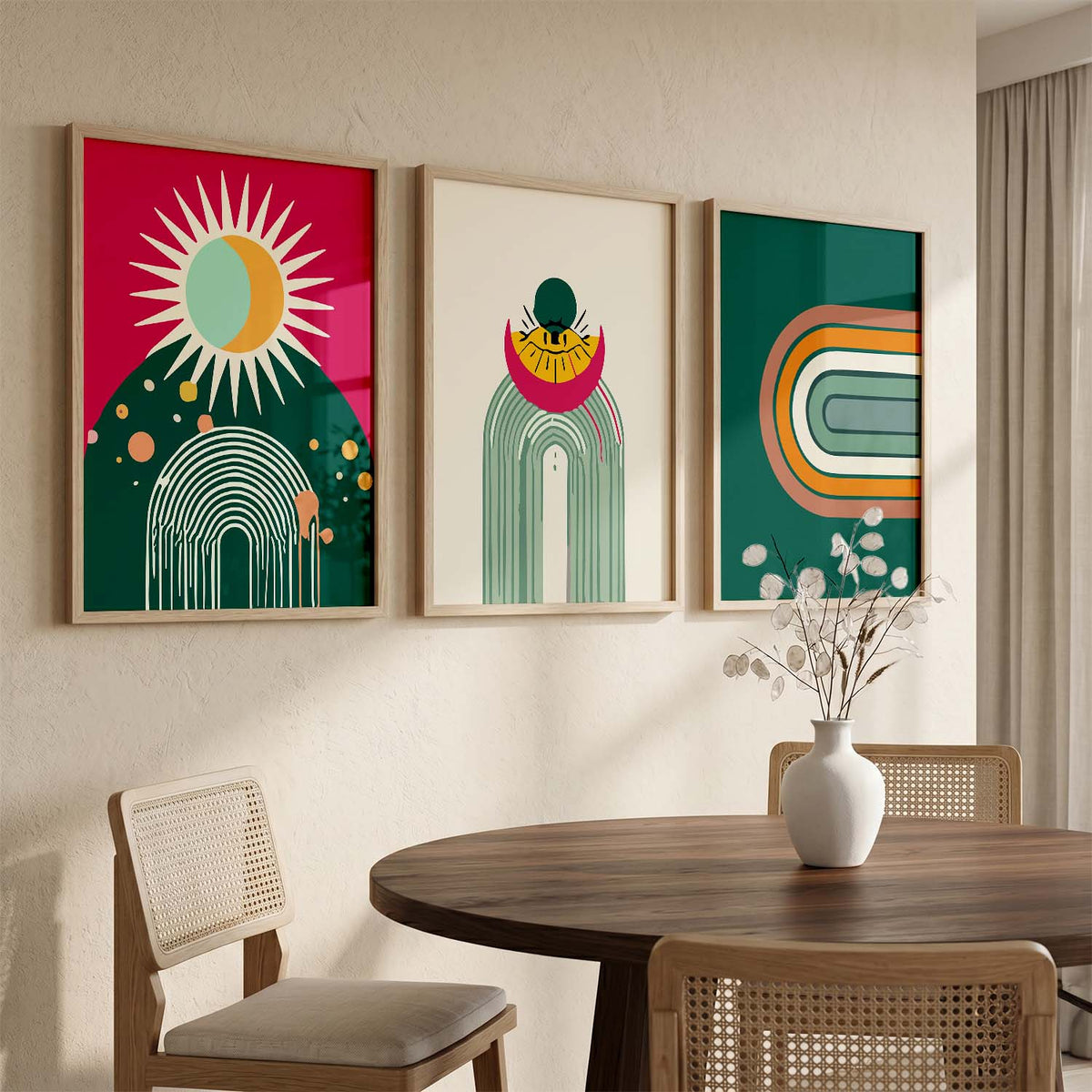 Sunburst Boho Bold Wall Art Set of 3 Framed Prints