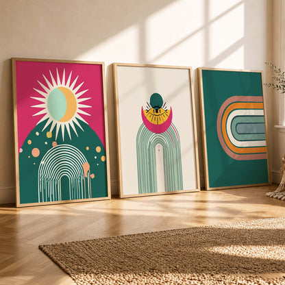 Sunburst Boho Bold Wall Art Set of 3 Framed Prints