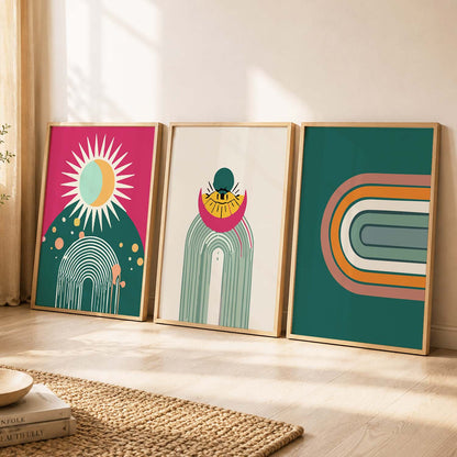 Sunburst Boho Bold Wall Art Set of 3 Framed Prints