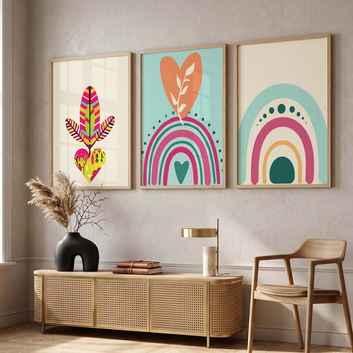 Sun Motif Boho Bold Wall Art Set of 3 Framed Prints
