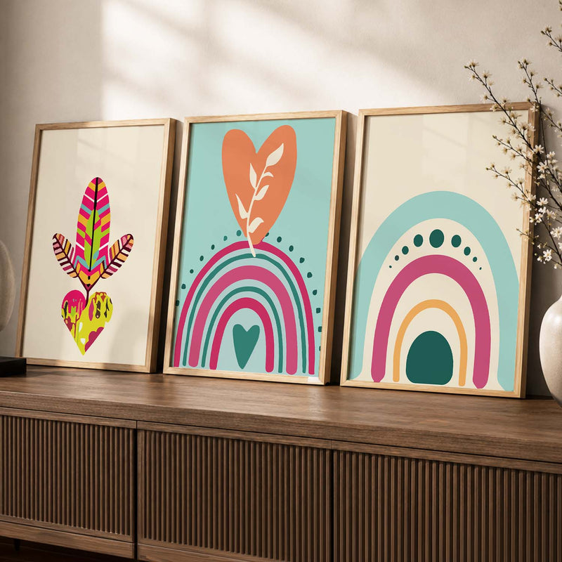 Sun Motif Boho Bold Wall Art Set of 3 Framed Prints