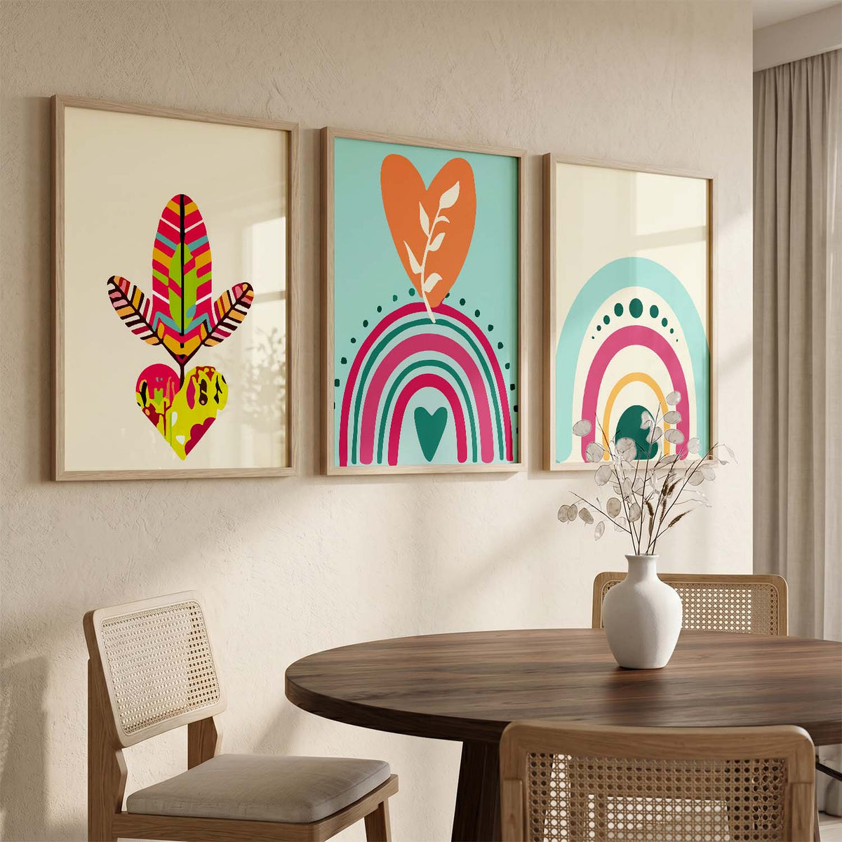 Sun Motif Boho Bold Wall Art Set of 3 Framed Prints