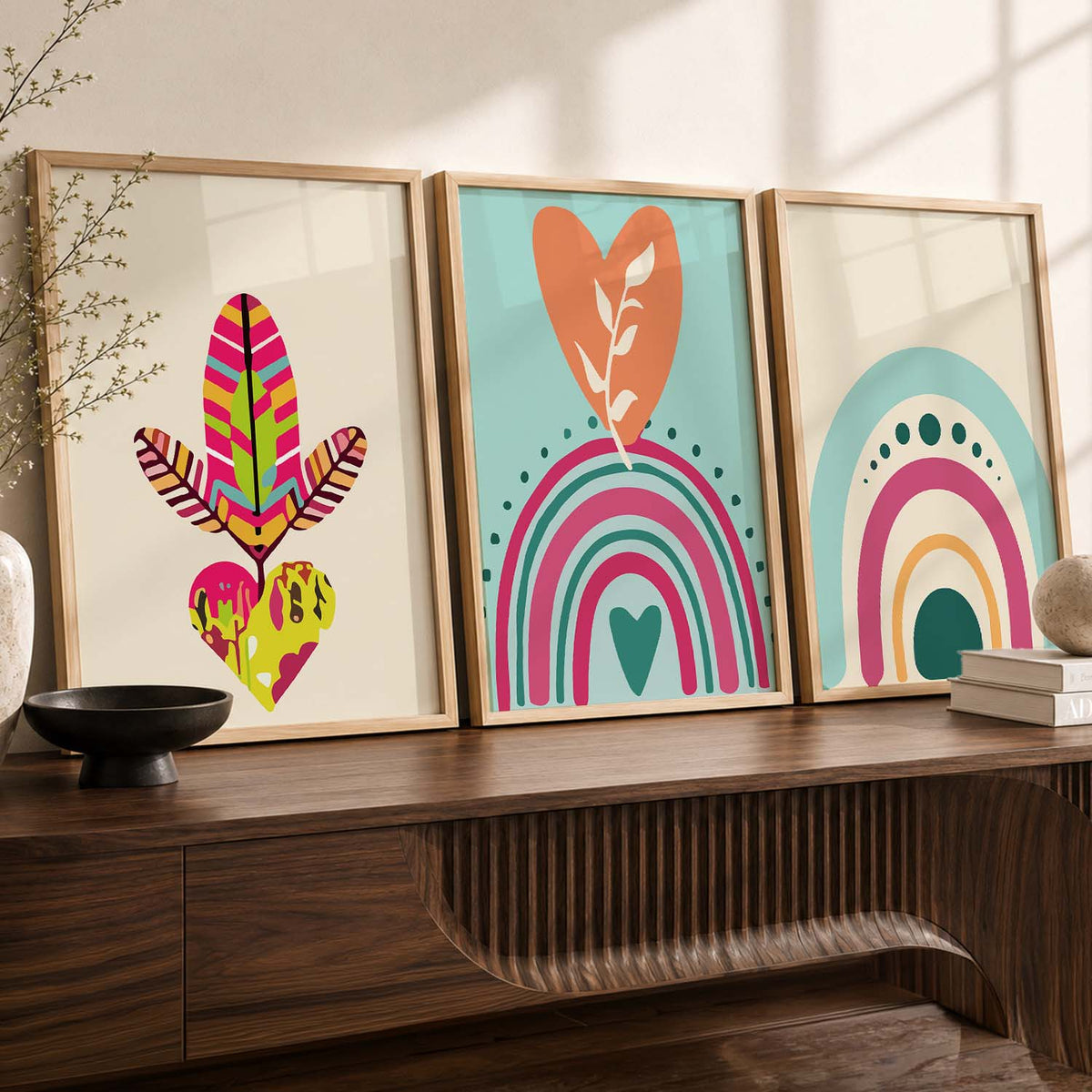 Sun Motif Boho Bold Wall Art Set of 3 Framed Prints