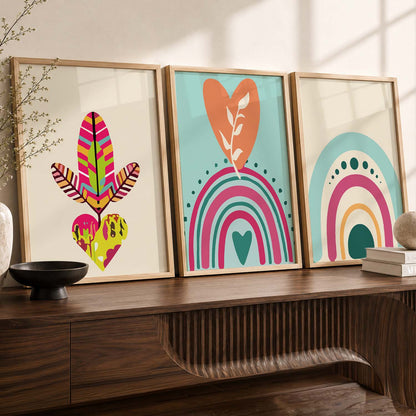 Sun Motif Boho Bold Wall Art Set of 3 Framed Prints