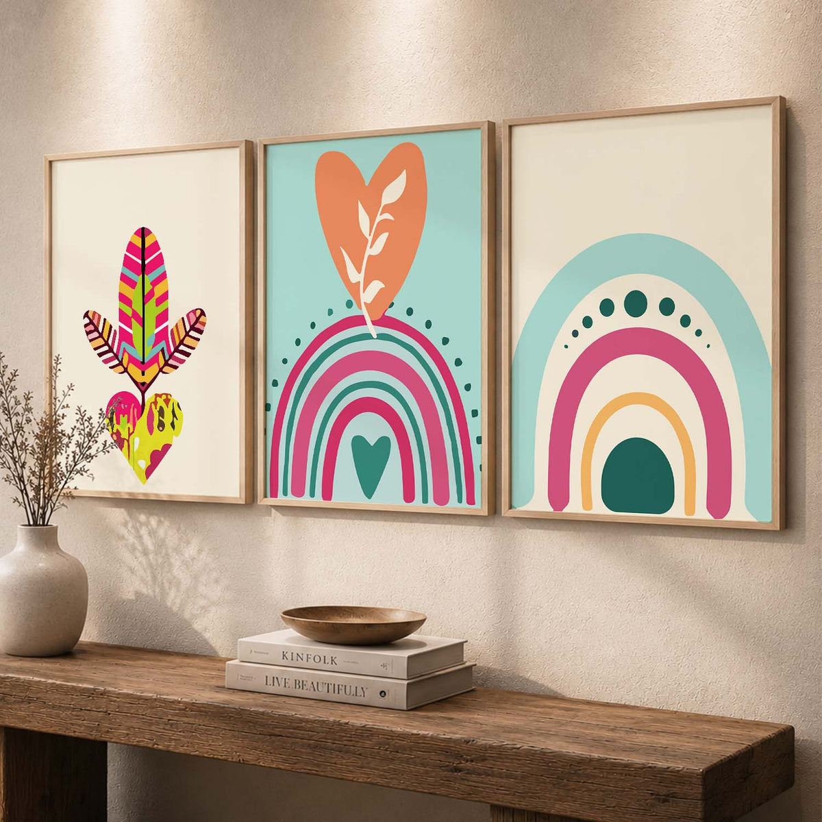 Sun Motif Boho Bold Wall Art Set of 3 Framed Prints