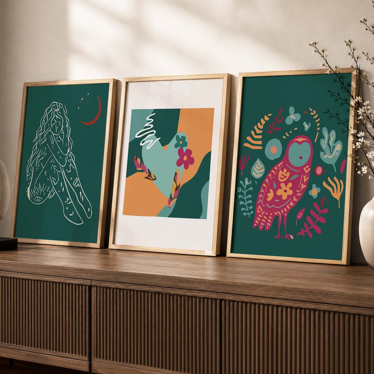 Abstract Shape Boho Calm Wall Art Set of 3 Framed Prints