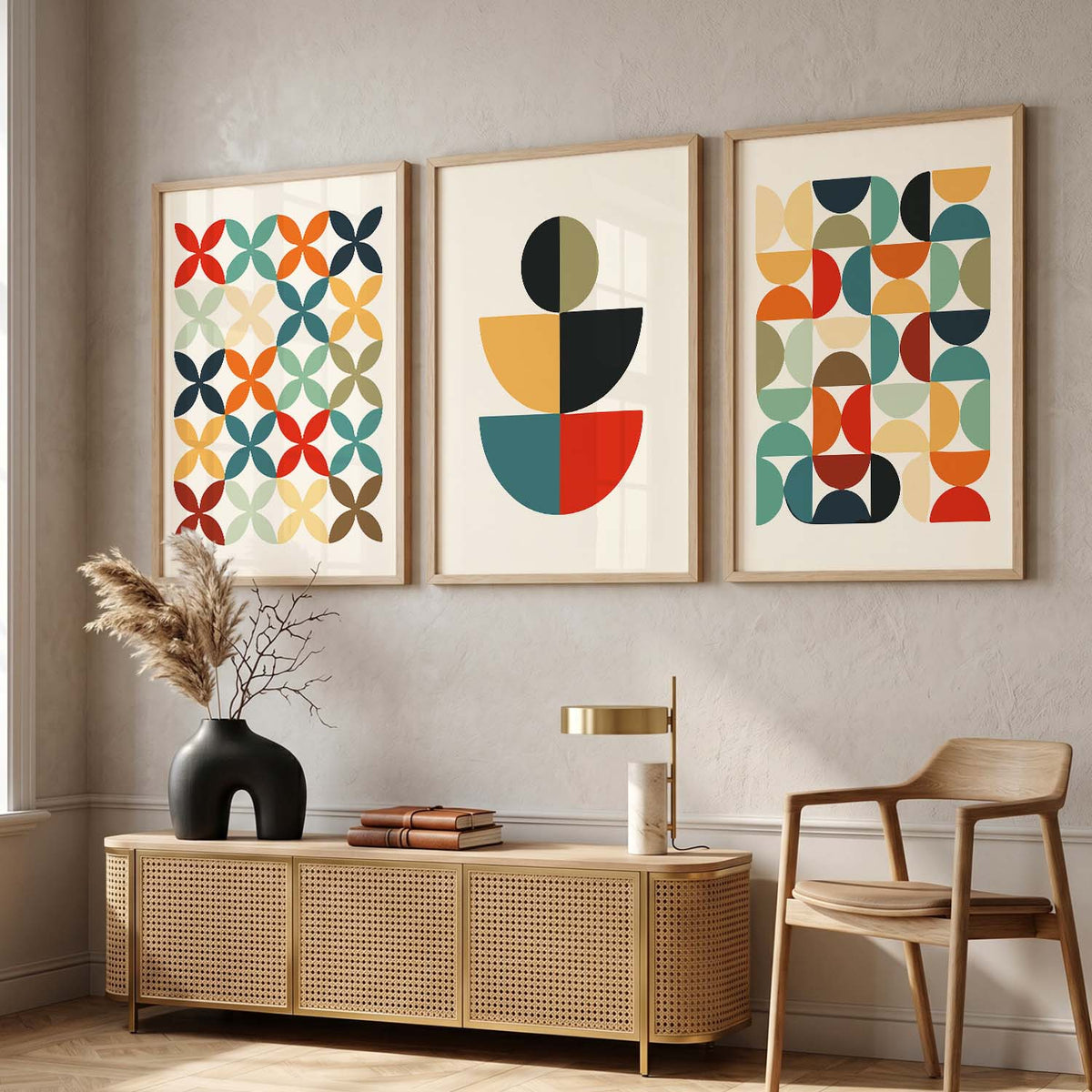 Geometric Abstract Boho Modern Wall Art Set of 3 Framed Prints