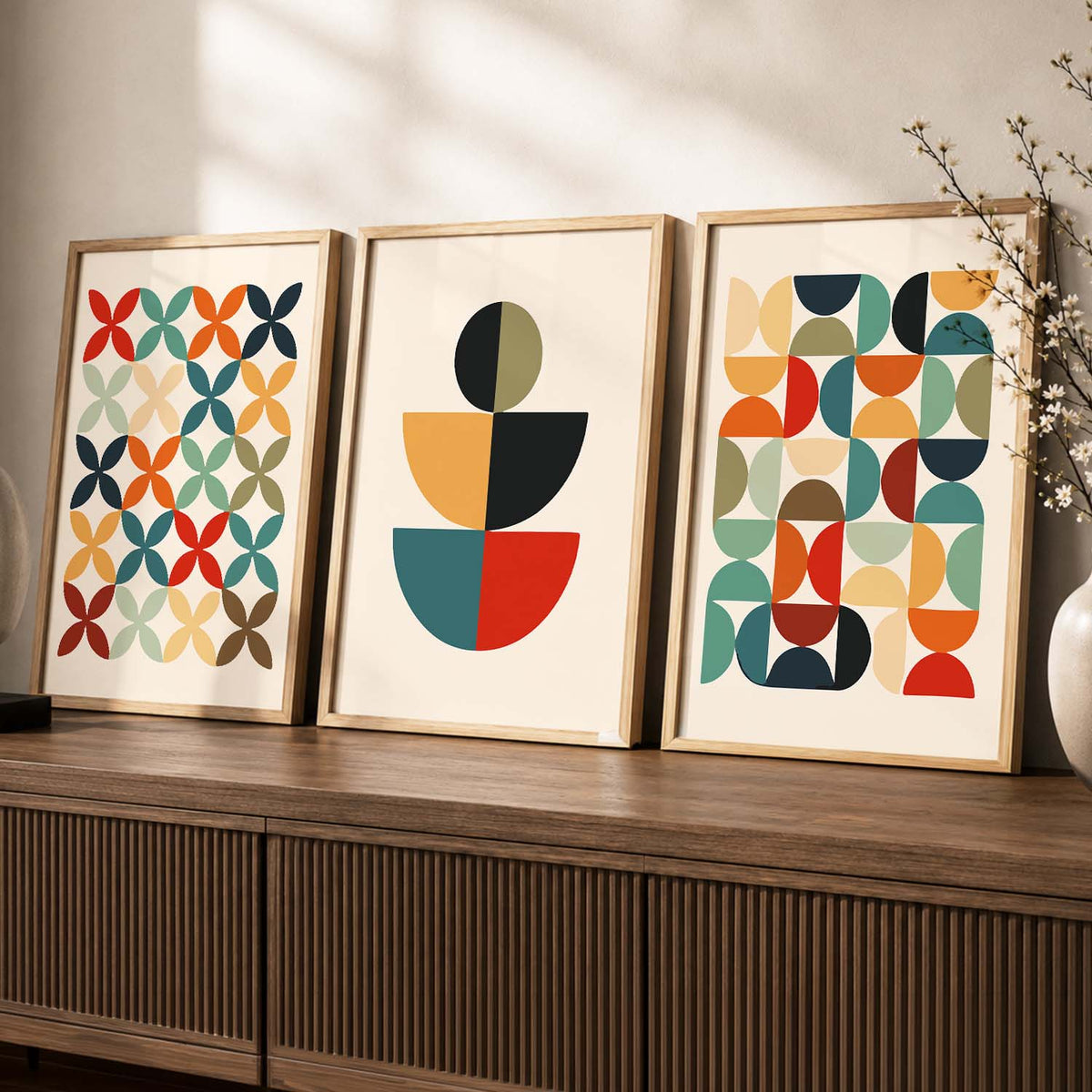 Geometric Abstract Boho Modern Wall Art Set of 3 Framed Prints